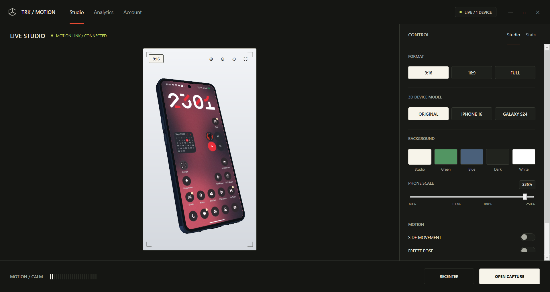 TRK Motion live studio showing a 3D phone preview, output formats, and motion controls