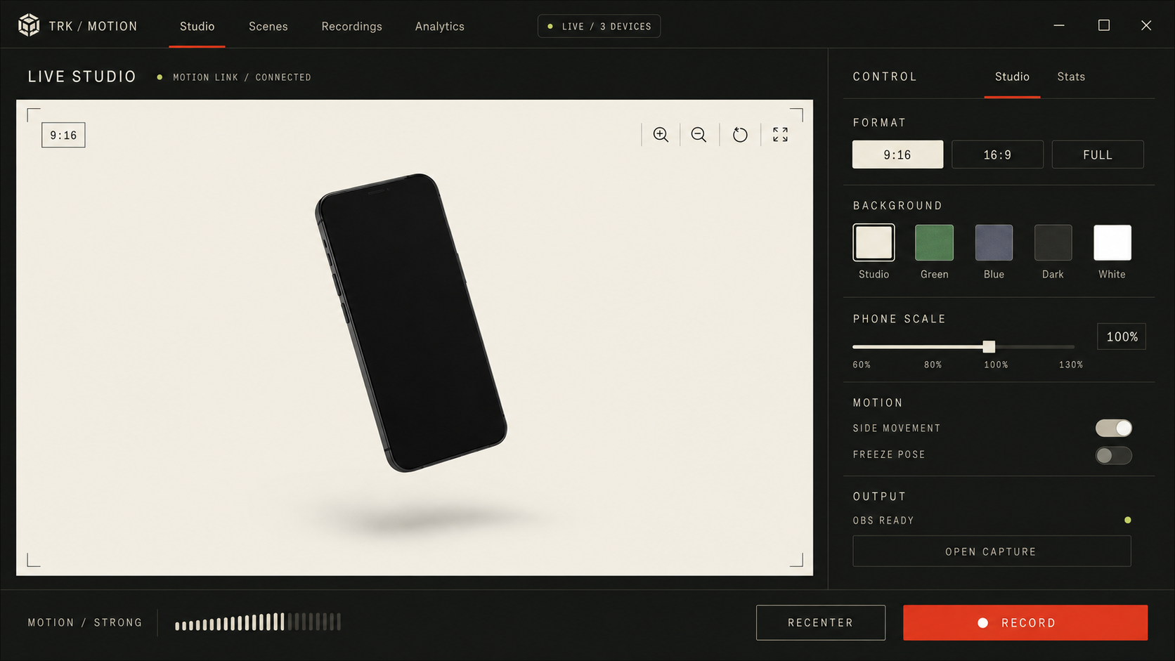 TRK Motion desktop studio showing a live 3D phone preview and motion controls
